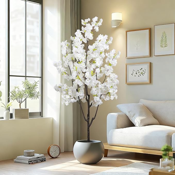 Faux White Cherry Blossom 6ft(72in) Artificial Floor Green Plant for Indoor Decor Natural Potted Tree with Texture Flowers Realistic Wood Trunk for Home Living Room,Office Perfect Housewarming Gift