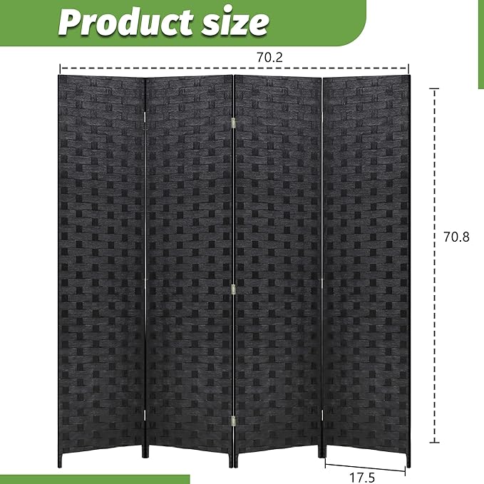FDW Room Divider Wood Screen 4 Panel Folding Portable Partition Screens Wooden Mesh Woven Design Room Screen Divider for Home Office (Coal Black)