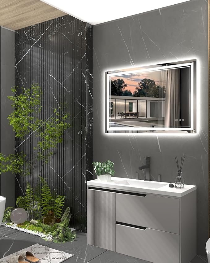 48x32 Inch LED Lighted Bathroom Mirror, Light Up Bathroom Vanity Mirror Unbreakable with 2 Front Lights & Back Lit, 3 Colors Stepless Dimmable, Anti-Fog, Memory Function, Closable Blue Buttons