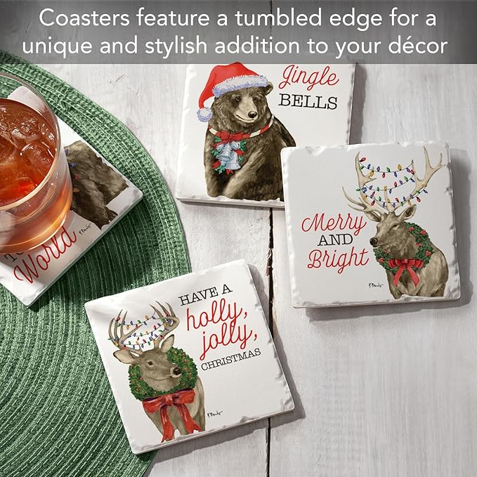 Thirstystone Merry Lodge Creatures 4 Pack Assorted Tumbled Tile Stone Coasters with Protective Cork Backing 4" Square Manufactured in The USA