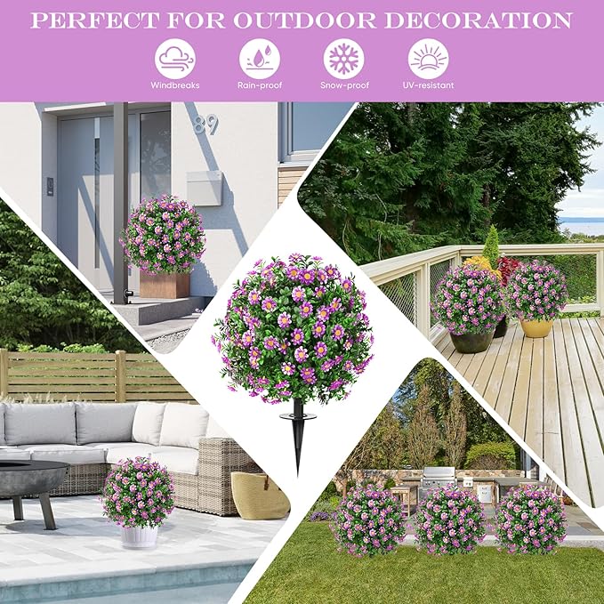 23" Set of 2 Artificial Boxwood Topiary Ball with Sunflower Flowers with Spikes for Outdoor, UV Resistant Faux Greenery Shrubs, Realistic Fake Bushes Plants for Garden, Yard, Front Porch, Patio Decor