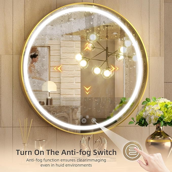 Hasipu 32 Inch Round LED Lighted Mirror for Bathroom with Lights, Gold Circle Vanity Mirror for Wall, Metal Framed Frontlit Bathroom Mirrors Anti-Fog, Dimmable, 3 Colors Makeup Mirror Wall Mounted