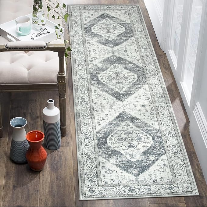 Lahome Boho Washable Kitchen Runner - 2x10 Extra Long Stain Resistant Non-Slip Stair Rug Lightweight Throw Floor Oriental Distressed Print Runner for Bedroom Entryway