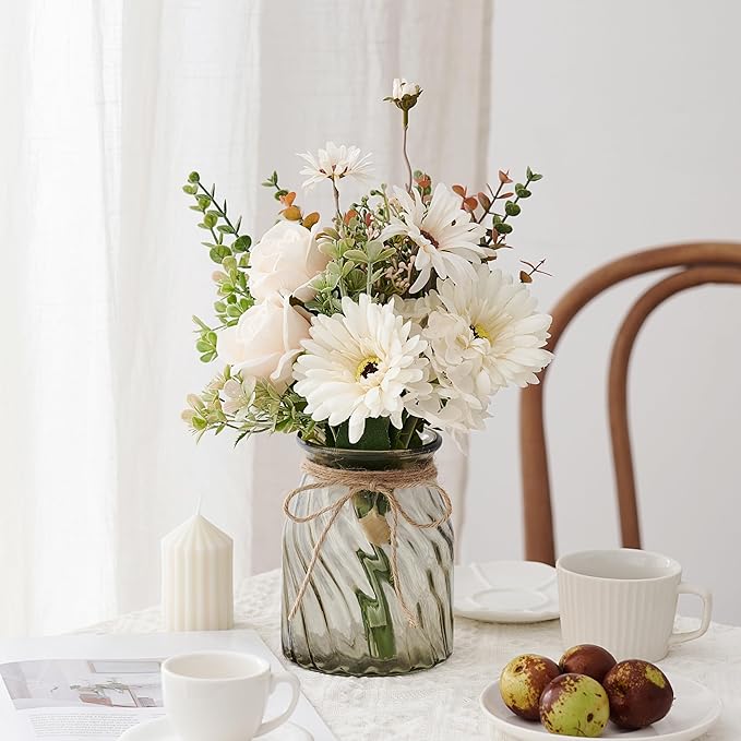Fake Flowers Artificial Daisy Rose with Vase, Faux Silk Flowers Fake Plant Decor for Home Office, Kitchen Dining Table Centerpiece, Bathroom Shelf Decor