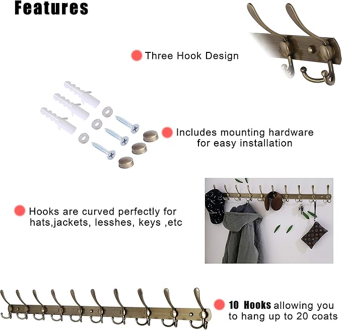 Dseap Coat Rack Wall Mount - 38” Long 10-Tri-Hooks Heavy Duty Coat Hanger Rail Wall Hooks for Hanging Coats Hats Clothing Clothes Purse Mudroom Entryway, Bronze