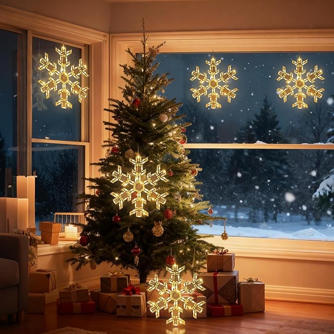 BrizLabs 2 Pack Christmas Window Lights with Remote, 61 Modes, Warm & Cool White & RGB Color Changing 12" Foldable Snowflake Hanging Christmas Lights for Xmas Indoor Outdoor Wall Door Fireplace Decor