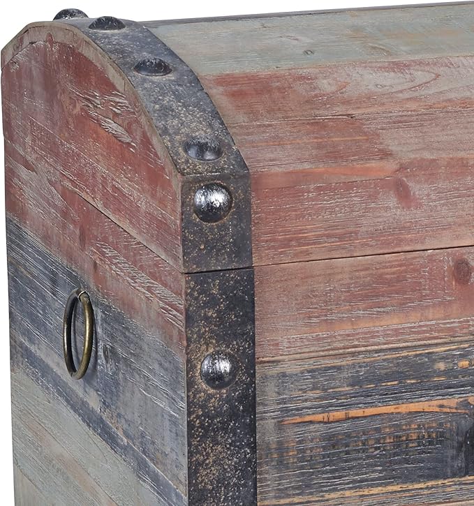 Household Essentials Wooden Storage Trunk Set, Large and Small Domed Chest, Weathered Wood with Paint Finish, Hinged Lid with Metal Accents