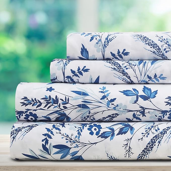 DREAMCARE Full Size Bed Sheets - Luxurious Floral Full Sheet Set - 4 Pc Ultra Soft Breathable Wrinkle Free Brushed Microfiber Floral Blue