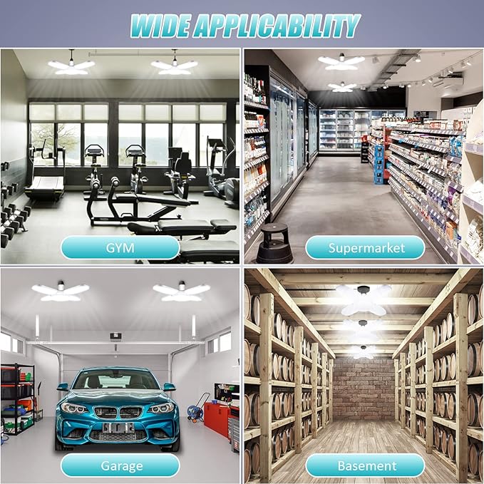LED Garage Lights 2 Pack, New Upgrade 80W Deformable Shop Lights with 4 Adjustable Panels, E26/E27 LED Ceiling Light, 8000LM 6500K Hight Bay Light for Basement Warehouse Workshop