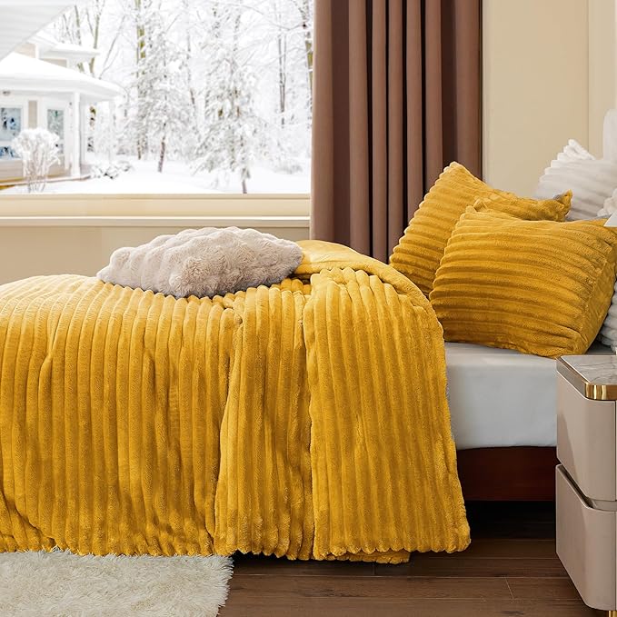 BEDELITE Fleece Twin Comforter Set -Super Soft & Warm Fluffy Mustard Yellow Bedding, Luxury Fuzzy Heavy Bed Set for Winter with 1 Pillow case
