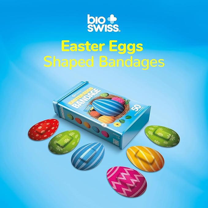 BioSwiss Bandages, Easter Egg Shaped Self Adhesive Bandage, Latex Free Sterile Wound Care, Fun First Aid Kit Supplies for Kids, 50 Count