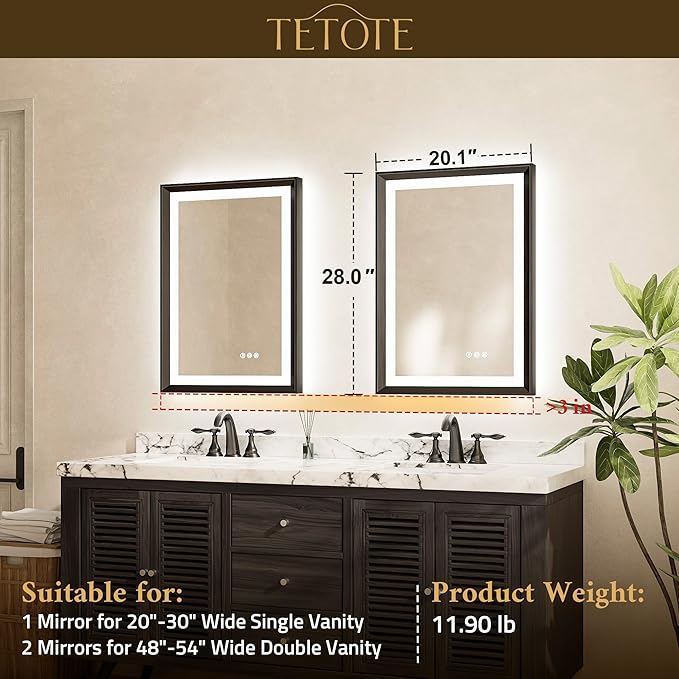 TETOTE Bathroom Mirror with Lights 20x28 Brushed Nickel LED Mirror Silver Frame Frontlit & Backlit Lighted Vanity Mirror Baroque Anti Fog Dimmable White/Warm/Natural,Wall Mounted(Horizontal/Vertical)
