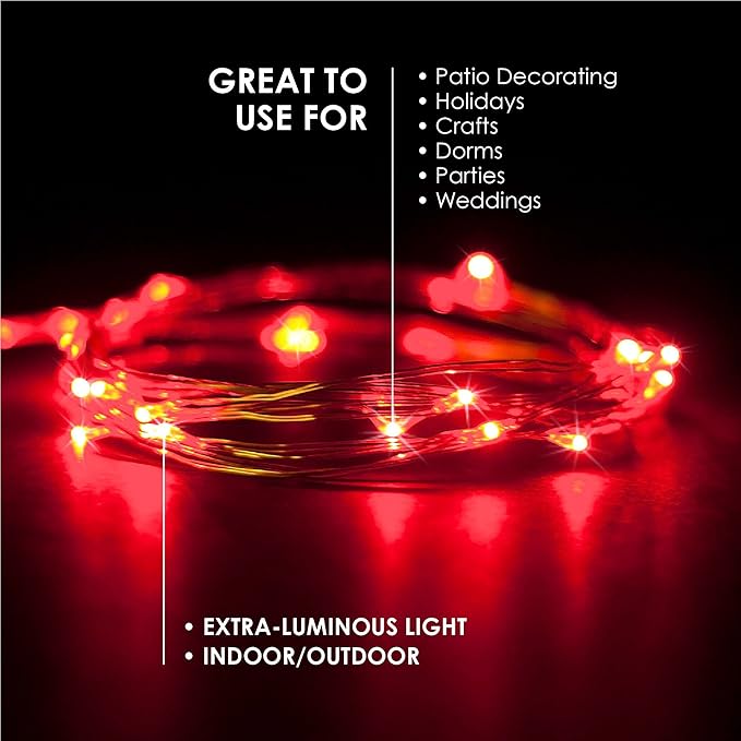 2 Sets 20 LEDs Red Color String Lights Silver Wire Indoor and Outdoor 6.5 Feet Firefly Starry Fairy Lights Battery Powered for DIY, Christmas, Holidays, Party, Bedroom and Centerpieces