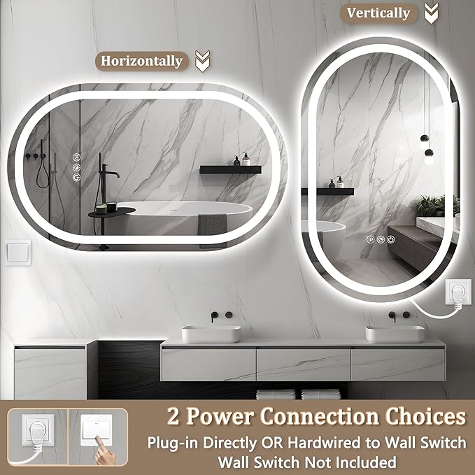 Oval LED Bathroom Mirror 48x30 Inch,Frameless LED Oval Bathroom Mirror with Lights,Anti-Fog Mirror for Bathroom Wall with Light,Dimmable 3 Color Vanity Mirror with Light(Horizontal/Vertical)