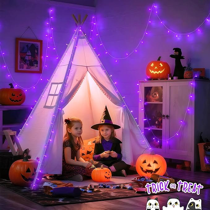 JMEXSUSS 33ft 100 LED Purple Lights for Halloween Decorations, Purple Battery Operated Lights with Remote Indoor Outdoor, String Lights for Halloween Christmas Decor