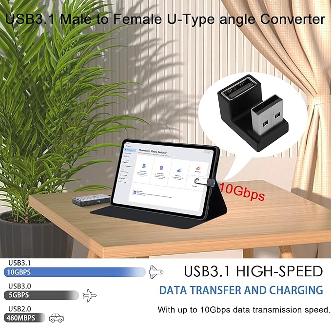 QIANRENON U-Shape Angle USB 3.1 Adapter Converter 10Gbps 180 Degree USB A Male to Female Coupler Connector, Support Data Transfer OTG 3A Charging, for PC Laptop Mobile Power, 2Pcs (Female Up)