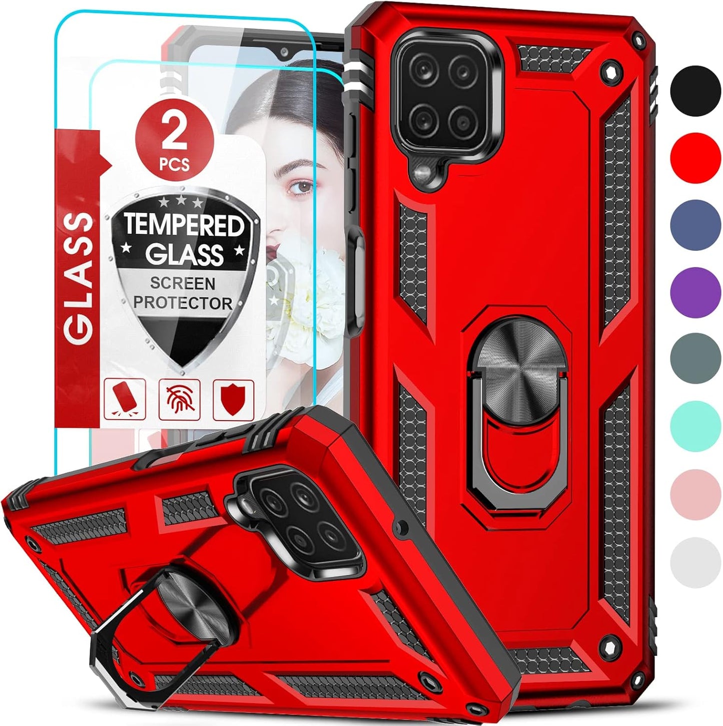LeYi Samsung A12 Phone Case, Galaxy A12 Case with Screen Protector [2 Pack] for Women Girls, Magnetic Ring Holder
