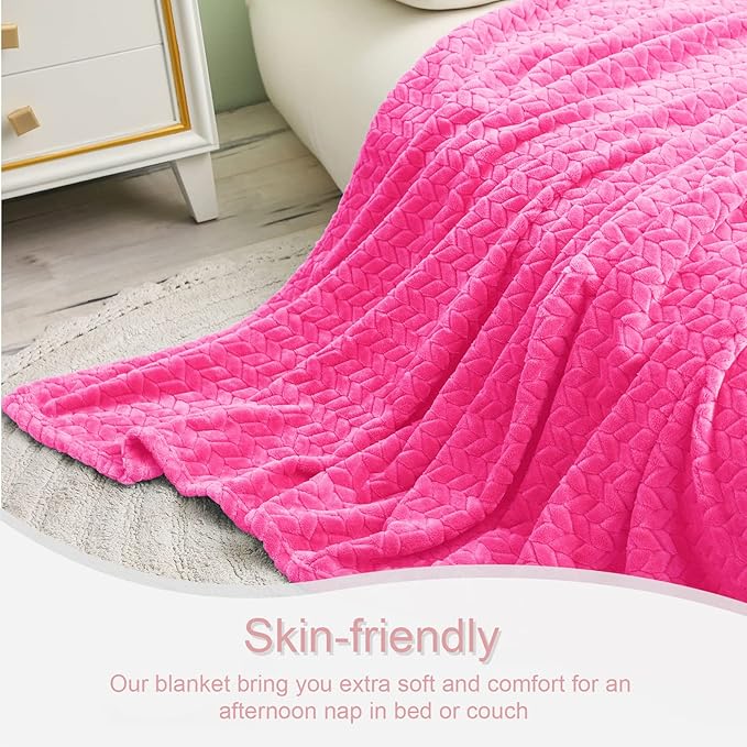 Exclusivo Mezcla Fleece King Size Blanket for Bed, 90x104 Inches Soft Cozy Jacquard Flannel Blankets, Lightweight Fuzzy Plush Warm for Winter, Hot Pink