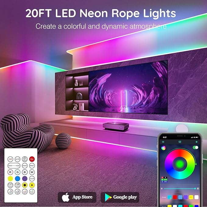 SINLEY Led Neon Rope Lights,Control with App/Remote,Flexible Led Rope Lights,Multiple Modes,IP68 Outdoor RGB Neon Lights Waterproof,Music (20FT)