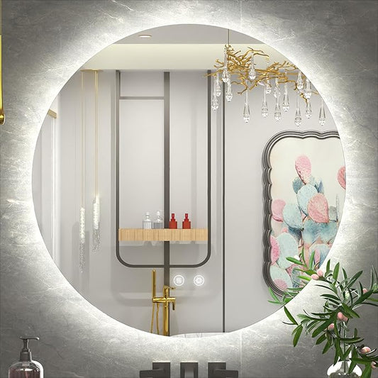 40 Inch Round LED Mirror, Backlit Round Lighted Bathroom Mirror,Large Circle Vanity Wall Mounted, Anti-Fog, Dimmable, 3000K/4500K/6000K