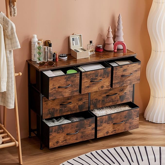 DUMOS Dresser for Bedroom with 7 Fabric Drawers, Chest Organizer Units for Clothing, Closet, Guestroom, Storage Tower with Cabinet, Metal Frame, Wooden Top, Lightweight Nursery Furniture, Brown