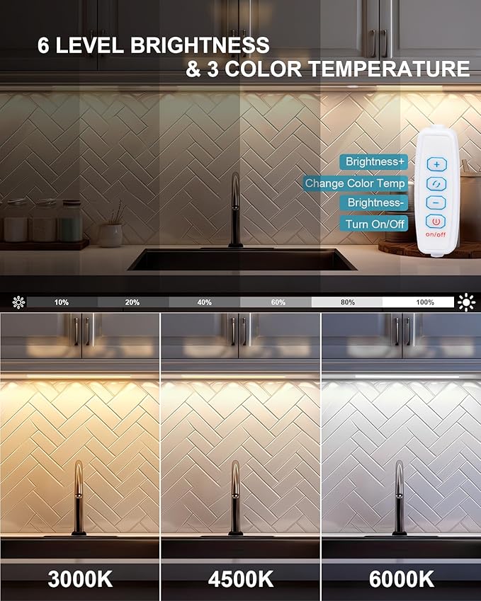 JUSJUBR Under Cabinet Lighting Plug in, 3 Pcs 12 Inch 3 Color Temperature Under Counter Lights for Kitchen, Dimmable Led Under Cabinet Lights with Memory Function for Closet, Desk