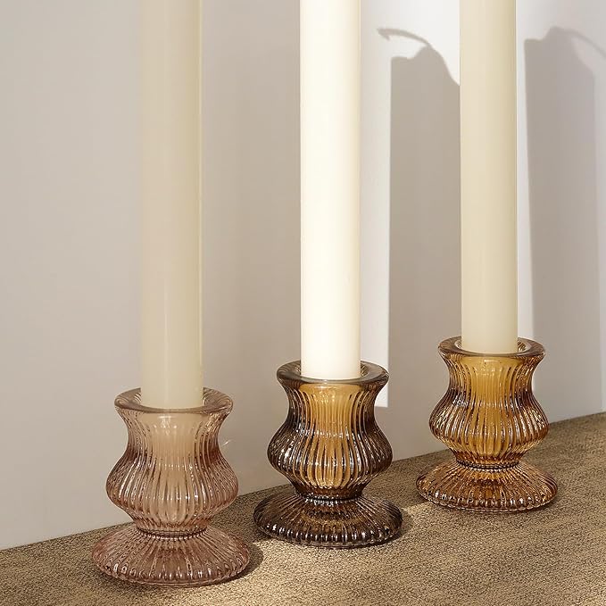 WDHODEC Glass Candlestick Holders 12PCS Taper Candle Holders for Table Centerpiece Vintage Colorful Candle Sticks for Wedding, Party and Birthday Table Decoration(Brown)