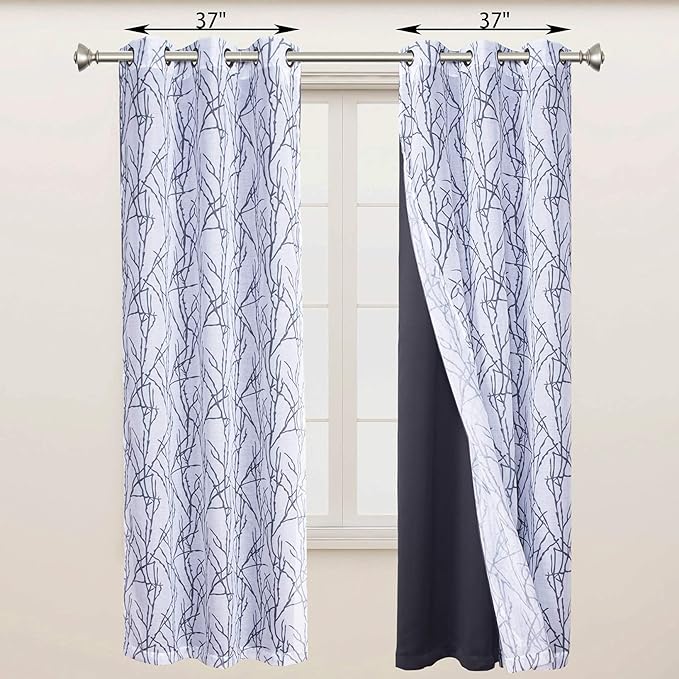 BONZER Mix and Match Curtains - 2 Pieces Branch Print Sheer Curtains and 2 Pieces Blackout Curtains for Bedroom Living Room Grommet Window Drapes, 37x63 Inch/Panel, Grey Dark, Set of 4 Panels