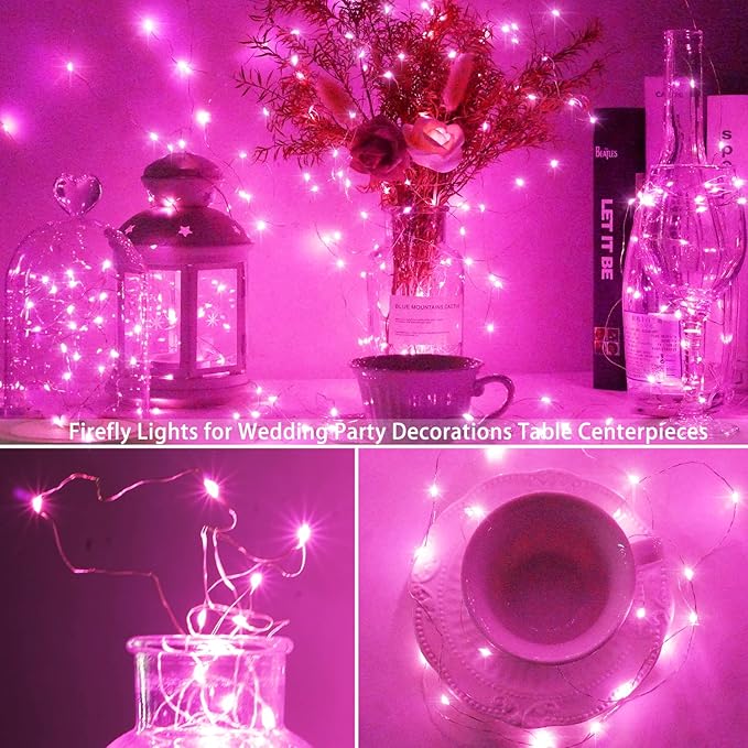 15 Packs 20 Led Pink Fairy String Lights Battery Operated 6.6ft Silver Wire Firefly Starry Lights Waterproof for Bedroom DIY Table Bottle Wedding Valentine's Day Party Decor
