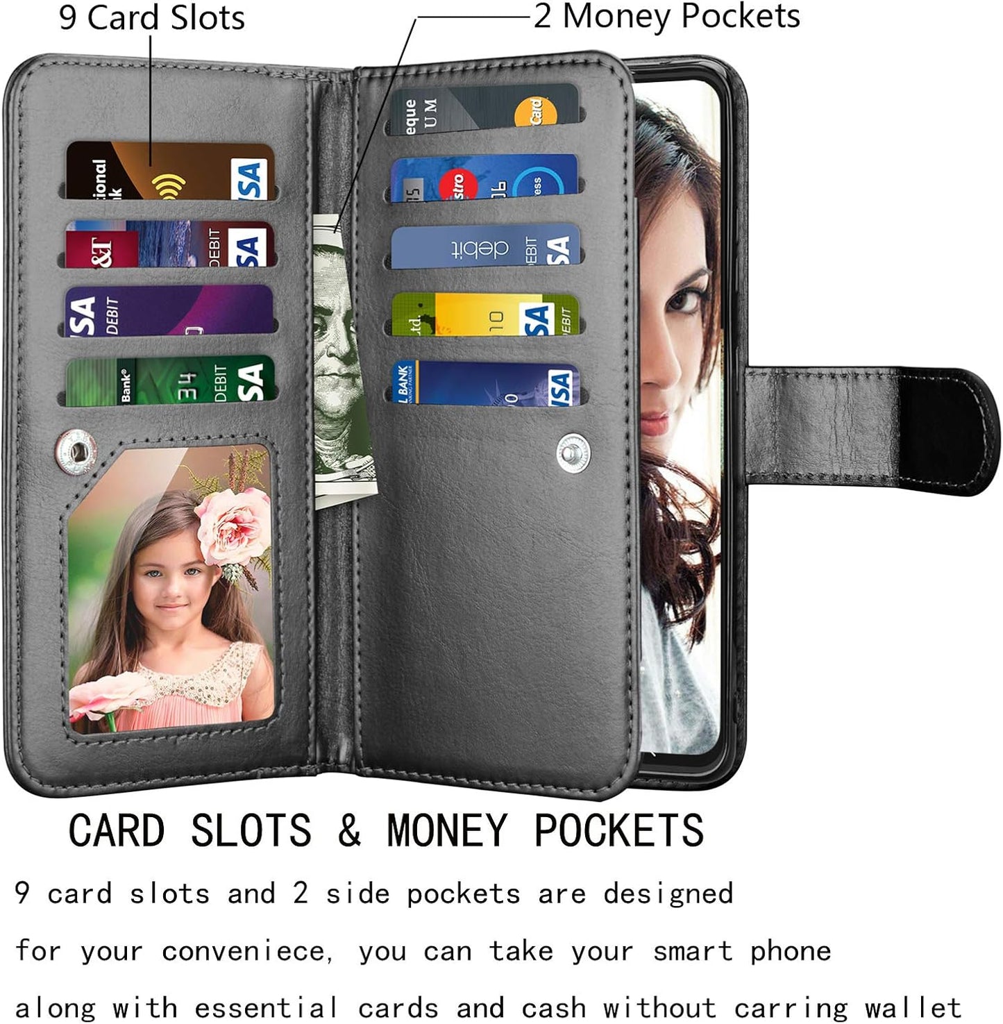 NJJEX Wallet Case for Samsung Galaxy S21 Ultra 5G, PU Leather Folio Flip with 9 Card Slots, Detachable Kickstand [Black]