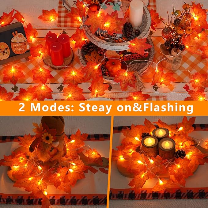 YEGUO 4 Packs Thanksgiving Decorations for Home, Fall Lights Battery Operated, Total 40ft 80 LED Lighted Fall Garland Maple Leaves for Thanksgiving Decor