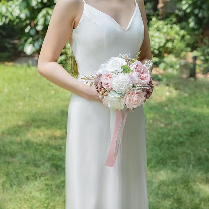 ponatia Dusty RoseWedding Bouquets for Bride Bridesmaid, Blush Pink Wedding Artificial Roses Flowers for Wedding Bouquets Ceremony, Anniversary (Dusty Rose & Blush)