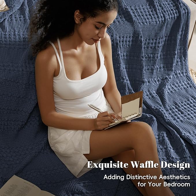 PHF 100% Cotton Waffle Weave Blanket Queen Size for Bed, Soft Lightweight & Breathable, All-Season Comfort, Luxury Aesthetic Woven Bedding for Home Decor, 90"x90", Indigo