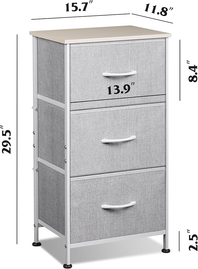 WLIVE Nightstand with 3 Drawers, Fabric Dresser, Organizer Unit, Storage Dresser for Bedroom, Hallway, Entryway, Closets, Sturdy Steel Frame, Wood Top, Easy Pull Handle, Light Grey