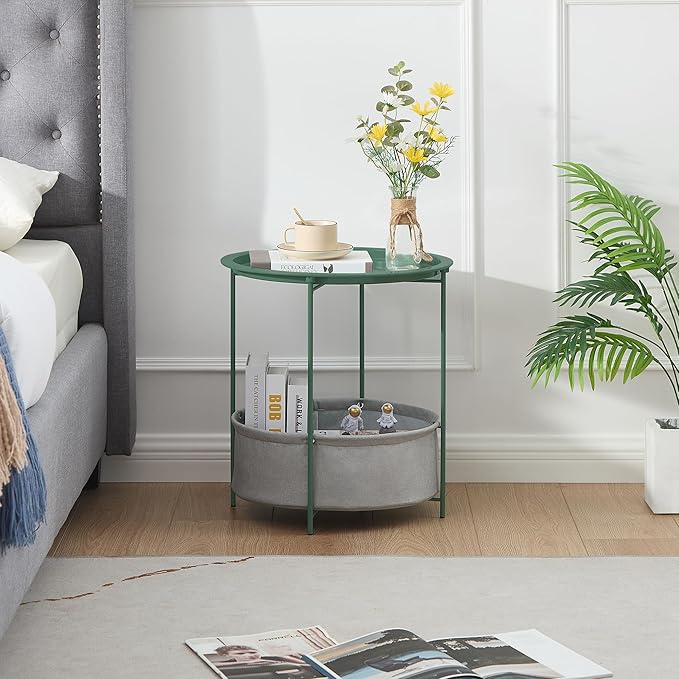 VECELO Round Side/End Table with Fabric Storage Basket，Metal Anti-Rust and Waterproof Small Bedside Nightstand with Removable Tray Top for Living Room，Balcony & Laundry，Dark Green /2pcs with Basket