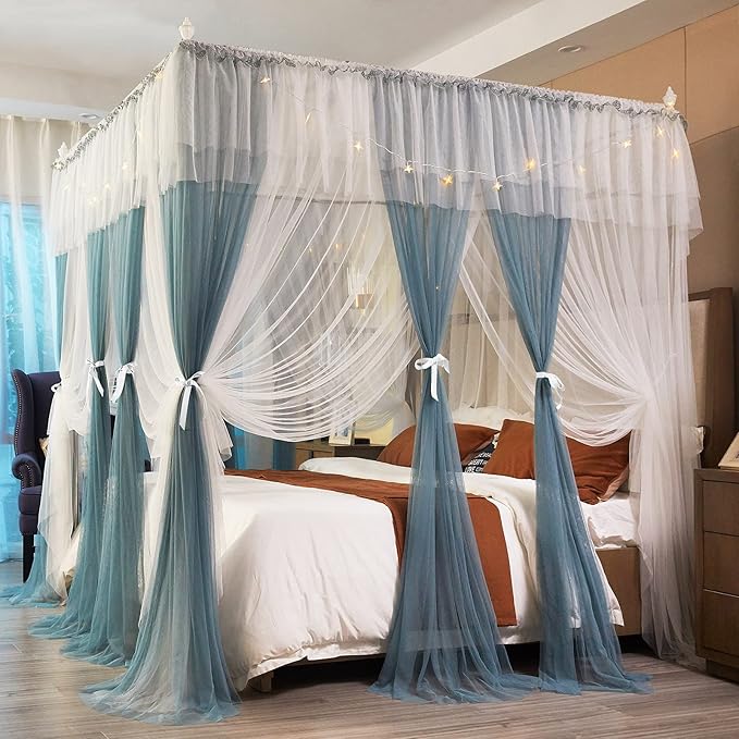 Joyreap Luxury 4 Corners Post Canopy Bed Curtains Twin, Blue n White Cozy Drape Netting for Girls n Adults - 4 Openings Cute Princess Style Bedroom Decoration Accessories