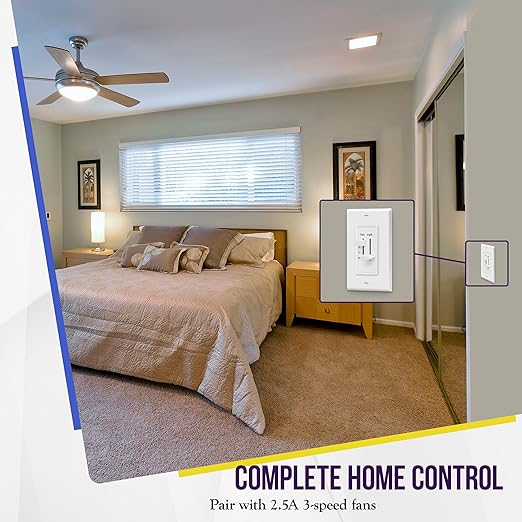 ENERLITES 3 Speed Ceiling Fan Control and Dimmer Light Switch, 2.5A Single Pole Light Fan Switch, 300W Incandescent Load, No Neutral Wire Required, 17001-F3-W, 120 Volts (AC), White, 2 Pack