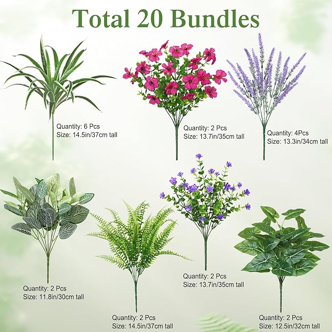 20 Bundles Artificial Plants Outdoor Fake Flowers UV Resistant Faux Greenery Stems Fake Ferns Shrubs Plastic Plants for Garden Patio Porch Yard Window Box Home Decor (Lavender Flower, 20PCS)