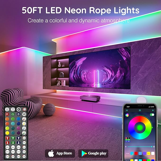 SINLEY Led Neon Rope Lights,Control with App/Remote,Flexible Led Rope Lights,Multiple Modes,IP68 Outdoor RGB Neon Lights Waterproof,Music (50FT)