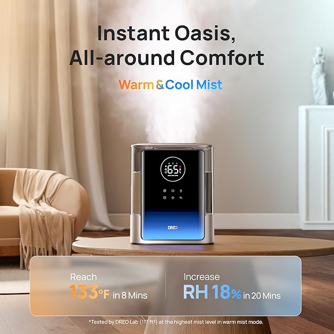 Dreo 8L Smart Humidifiers for Bedroom 600ft², 80H Runtime Warm&Cool Supersized Mist Humidifier for Large Room Indoor, Quiet Whole House humidifier for Baby, Plants, with Alexa/Google, Starlight,HM717S
