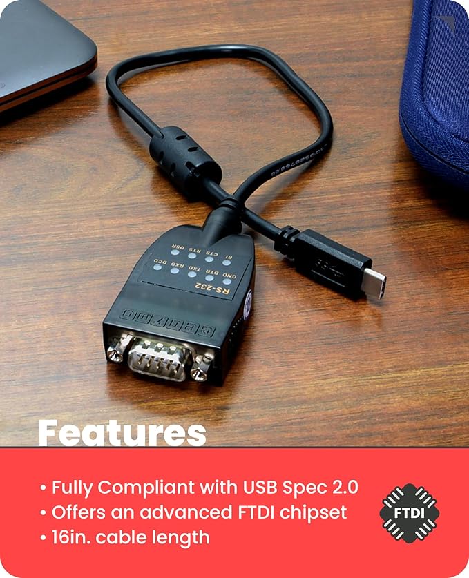 Gearmo USB-C to RS-232 Serial Adapter, FTDI Chip, LED Indicators, High-Speed Data Transfer, Supports Windows 11/10/8/7 - Mac - Linux, 16in Cable