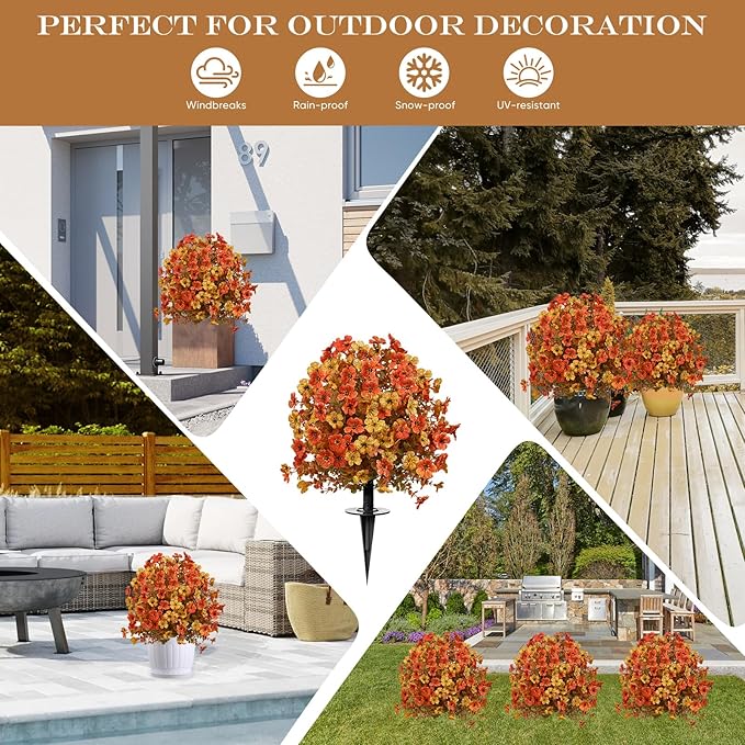 Artificial Topiary Bushes for Outdoors with Spike, Boxwood Ball Fake Shrubs UV Resistant Faux Plants for Indoor Outdoor Fall Thanksgiving Halloween Decor (Orange)
