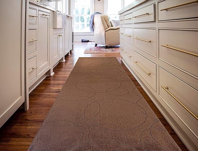 Custom Size Modern Geometric Pattern Carpet Runner Rug for Hallways, Slip Resistant Latex Rubber Backed, 31 inch Wide X Customized Length, Circles Brown, 31 inch X 8 feet
