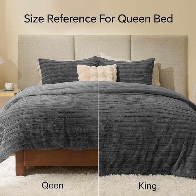 BEDELITE Fleece King Comforter Set -Super Soft & Warm Fluffy Grey Faux Fur Bedding, Luxury Fuzzy Heavy Bed Set for Winter with 2 Pillow Cases