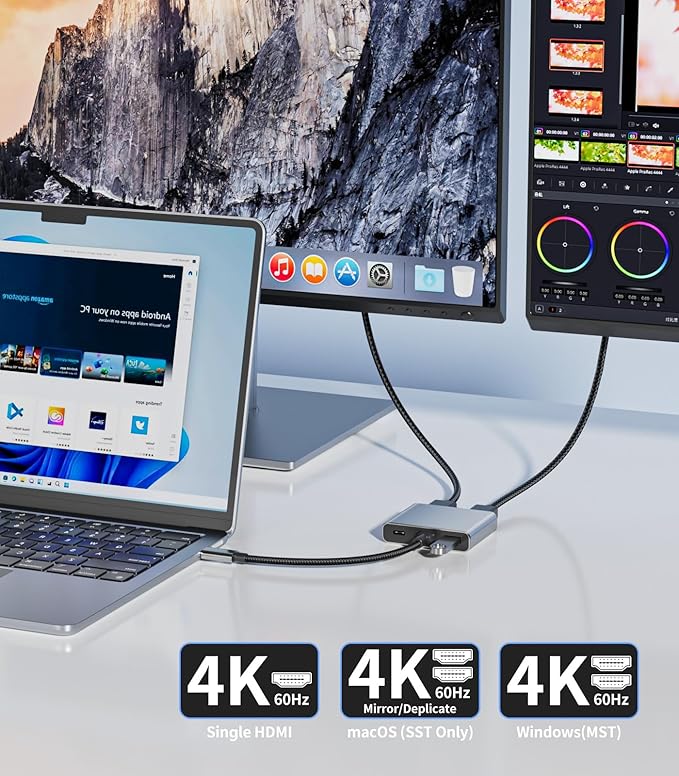 USB C to Dual HDMI Adapter |4K60Hz HDMI Splitter Extended Display for Dual Monitors,100W PD,USB 3.0 Port Converter Compatible with Laptop,Tablet,Graphics Card