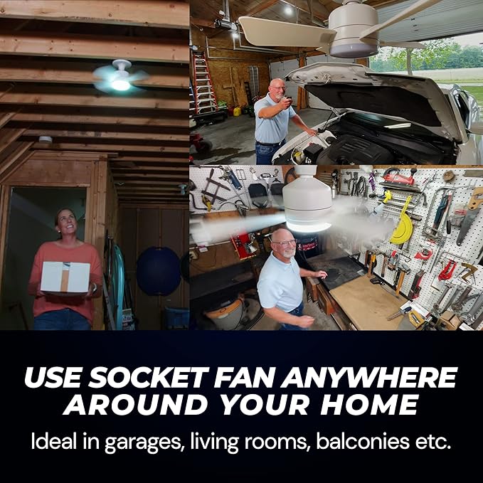 Bell+Howell Socket Breeze Modern Ceiling Fans with LED Lights, 10" LED E26/E27 Screw Base Mini Light Socket Fan with Cord for Bedroom, Living Room, Kitchen, Balcony