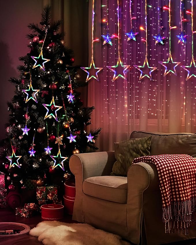 Blingstar Star Curtain Lights 138 LED 12 Star Multicolor Christmas Lights 8.2 Ft Connectable Window Lights with Remote Plug in Curtain String Lights for Christmas Ramadan Bedroom Indoor Outdoor Decor