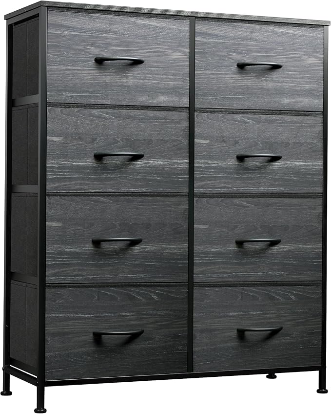 WLIVE Fabric Dresser for Bedroom, Tall Dresser with 8 Drawers, Storage Tower with Fabric Bins, Double Dressers, Chest of Drawers for Closet, Living Room, Dormitory, Charcoal Black Wood Grain Print