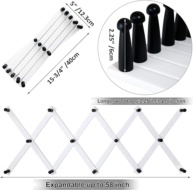 WEBI Accordion Wall Hanger,Expandable Wooden Hat Rack for Wall Mounted Coat Rack,Accordion Hat Hooks Holder for Baseball Caps,14 Peg Hooks,Black on White