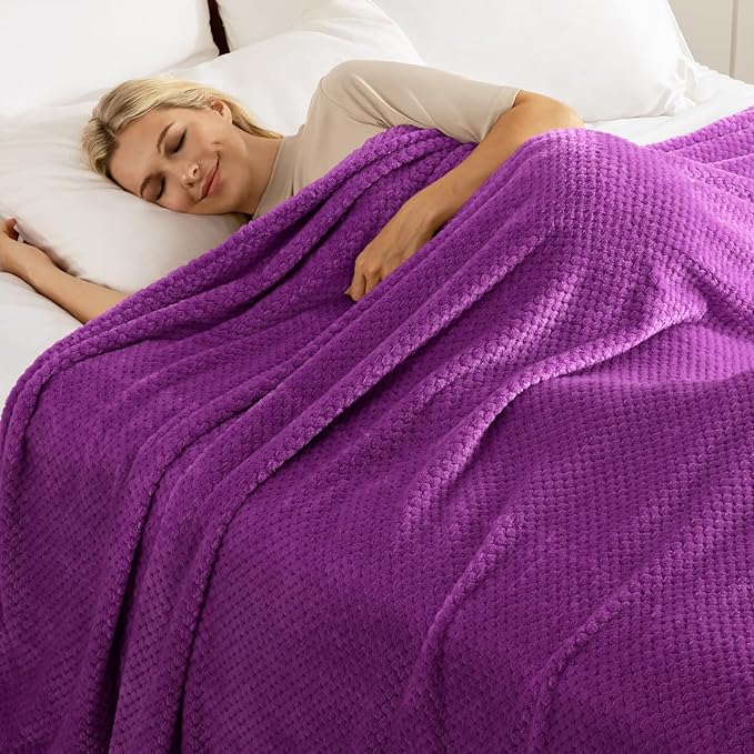Exclusivo Mezcla Fleece Bed Blanket Queen Size, Super Soft and Warm Blankets for Couch, Sofa and Bed Waffle Textured, Cozy, Fuzzy and Lightweight (Purple, 90x90 Inches)